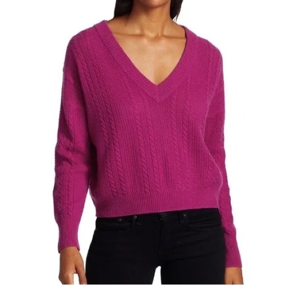Naadam Fuchsia Cable Knit Cashmere V-neck Sweater Size Large